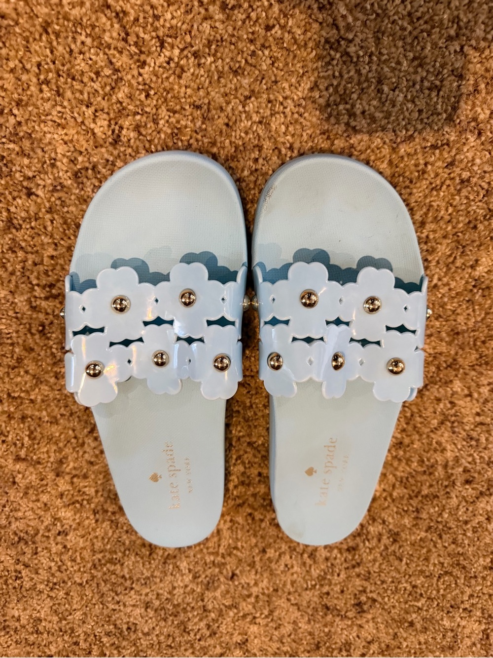 kate spade Light Blue Floral Slide Sandals with Gold Studs